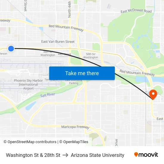 Washington St & 28th St to Arizona State University map