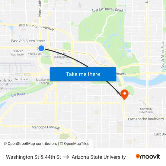 Washington St & 44th St to Arizona State University map