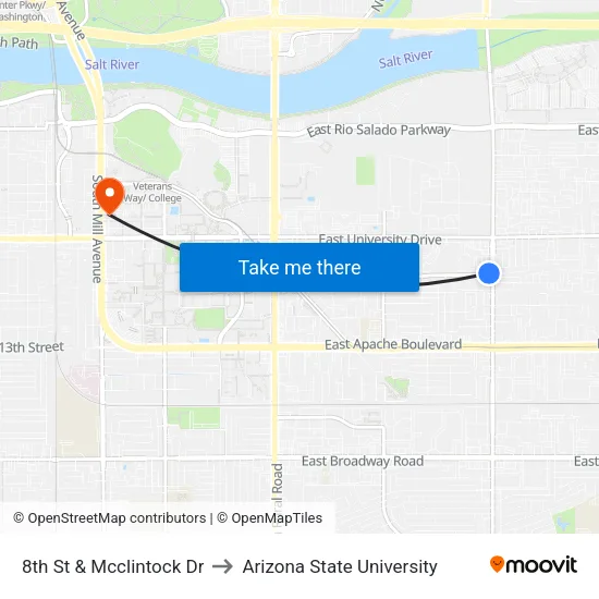 8th St & Mcclintock Dr to Arizona State University map