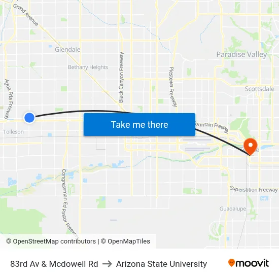 83rd Av & Mcdowell Rd to Arizona State University map