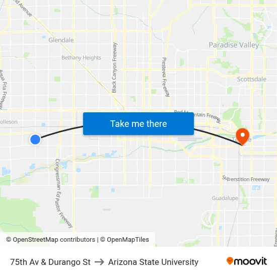 75th Av & Durango St to Arizona State University map