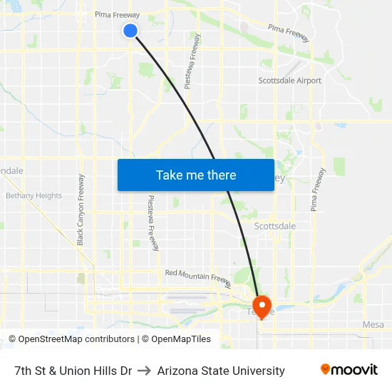 7th St & Union Hills Dr to Arizona State University map