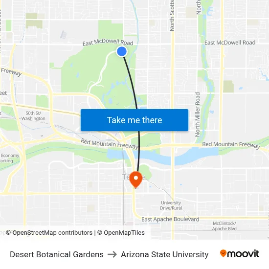 Desert Botanical Gardens to Arizona State University map