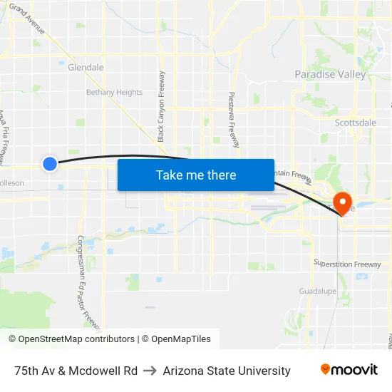 75th Av & Mcdowell Rd to Arizona State University map