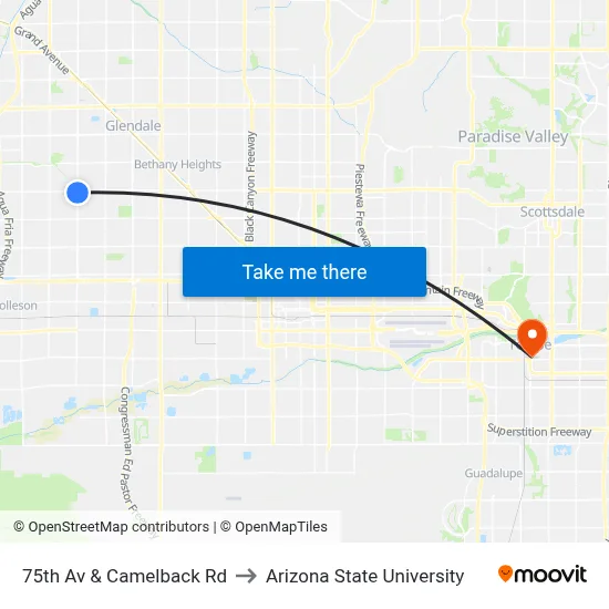 75th Av & Camelback Rd to Arizona State University map