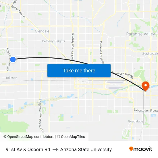 91st Av & Osborn Rd to Arizona State University map