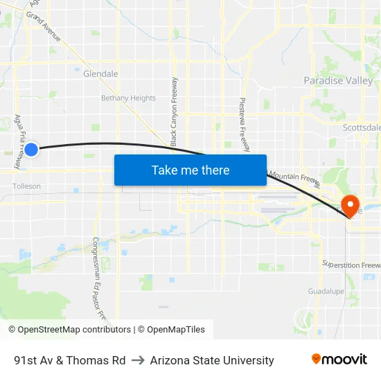 91st Av & Thomas Rd to Arizona State University map