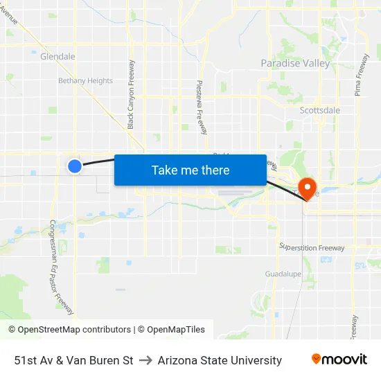 51st Av & Van Buren St to Arizona State University map