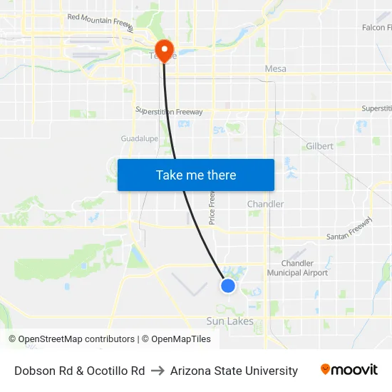 Dobson Rd & Ocotillo Rd to Arizona State University map