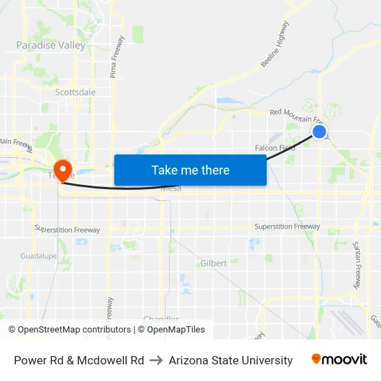 Power Rd & Mcdowell Rd to Arizona State University map