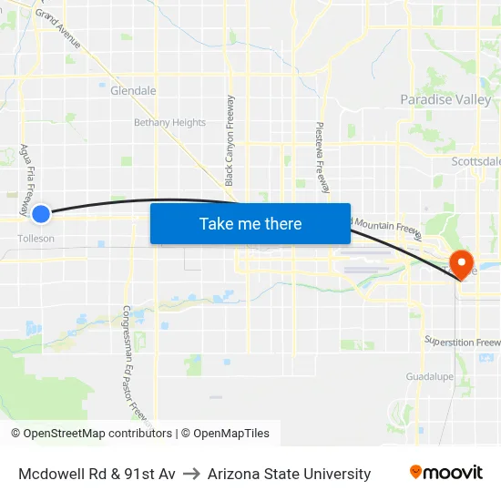Mcdowell Rd & 91st Av to Arizona State University map