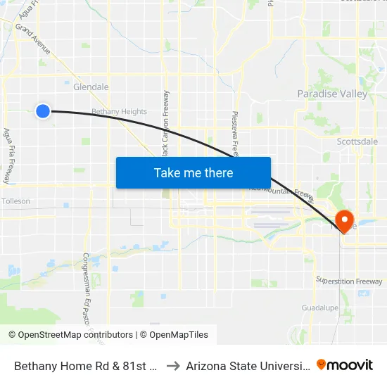 Bethany Home Rd & 81st Av to Arizona State University map