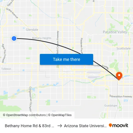 Bethany Home Rd & 83rd Av to Arizona State University map