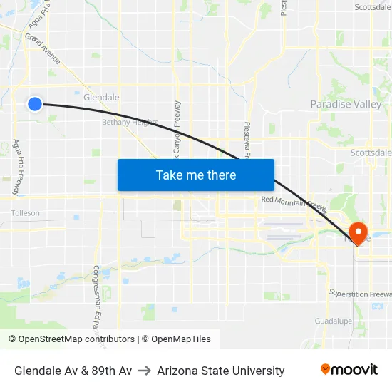 Glendale Av & 89th Av to Arizona State University map