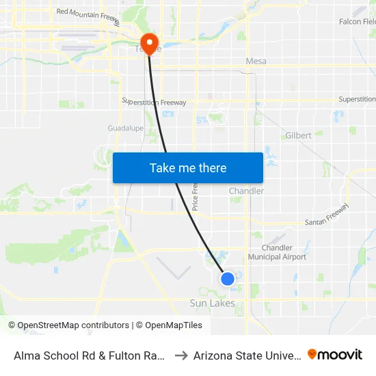 Alma School Rd & Fulton Ranch Bl to Arizona State University map