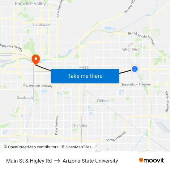 Main St & Higley Rd to Arizona State University map