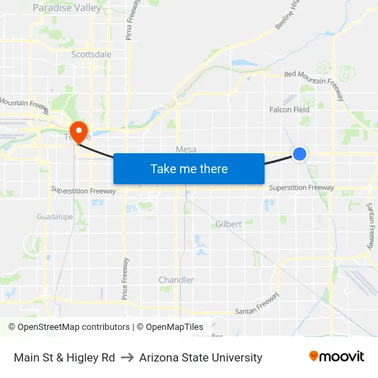 Main St & Higley Rd to Arizona State University map