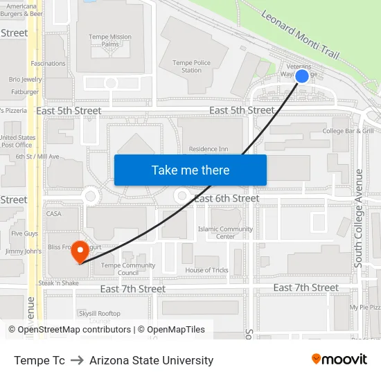 Tempe Tc to Arizona State University map
