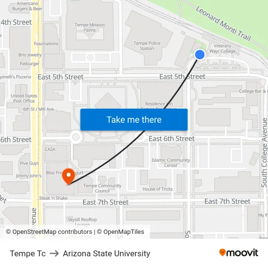 Tempe Tc to Arizona State University map