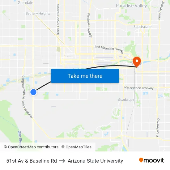 51st Av & Baseline Rd to Arizona State University map