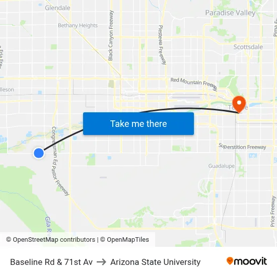 Baseline Rd & 71st Av to Arizona State University map