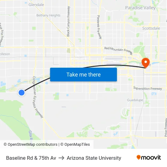 Baseline Rd & 75th Av to Arizona State University map