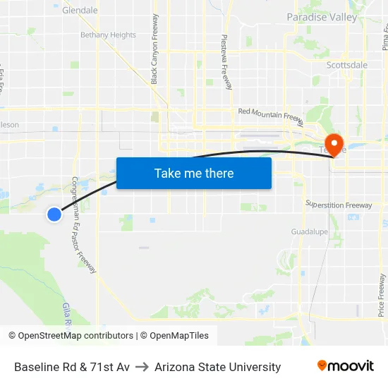 Baseline Rd & 71st Av to Arizona State University map