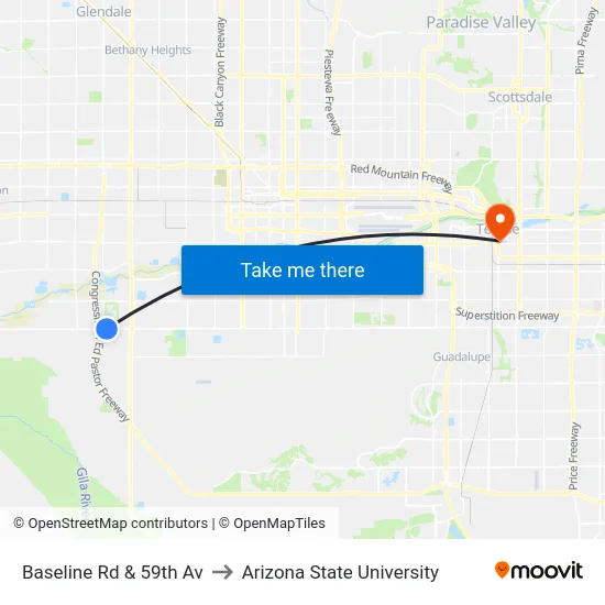 Baseline Rd & 59th Av to Arizona State University map