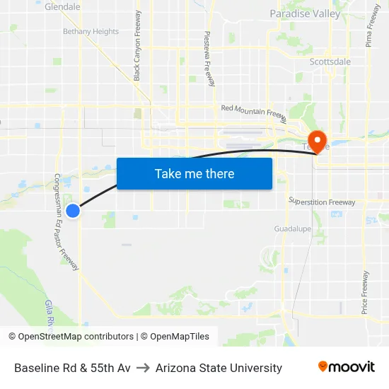 Baseline Rd & 55th Av to Arizona State University map