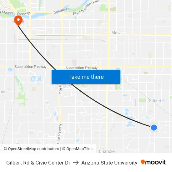 Gilbert Rd & Civic Center Dr to Arizona State University map