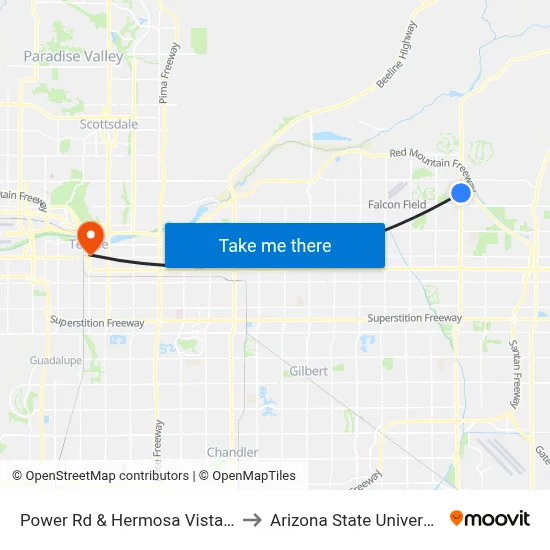 Power Rd & Hermosa Vista Dr to Arizona State University map