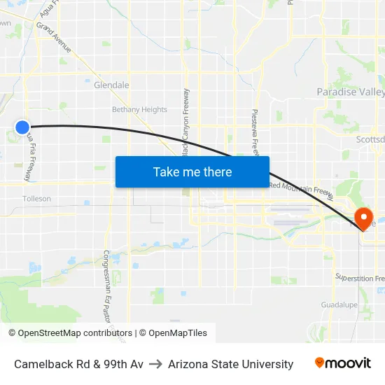 Camelback Rd & 99th Av to Arizona State University map