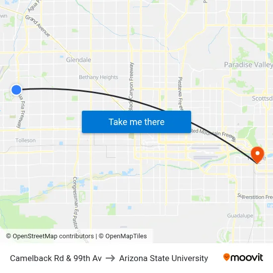 Camelback Rd & 99th Av to Arizona State University map