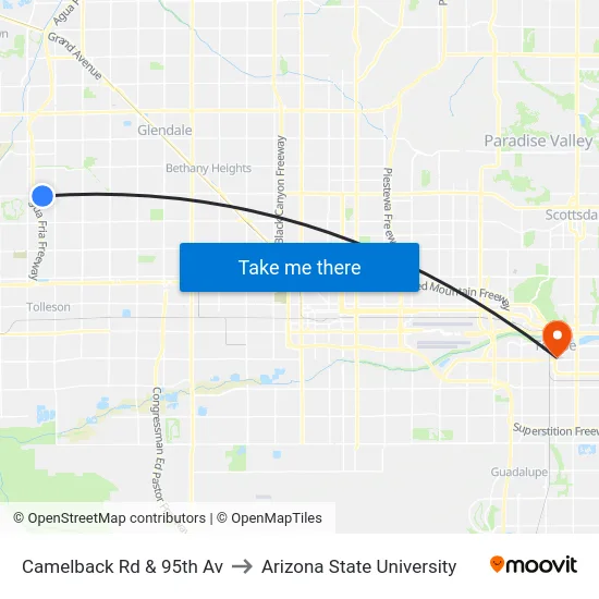 Camelback Rd & 95th Av to Arizona State University map