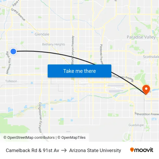 Camelback Rd & 91st Av to Arizona State University map