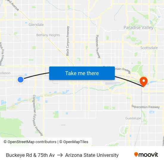 Buckeye Rd & 75th Av to Arizona State University map