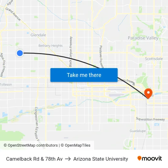 Camelback Rd & 78th Av to Arizona State University map