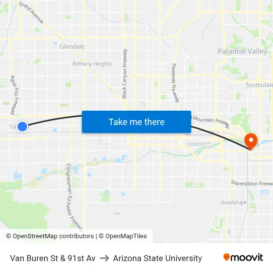 Van Buren St & 91st Av to Arizona State University map