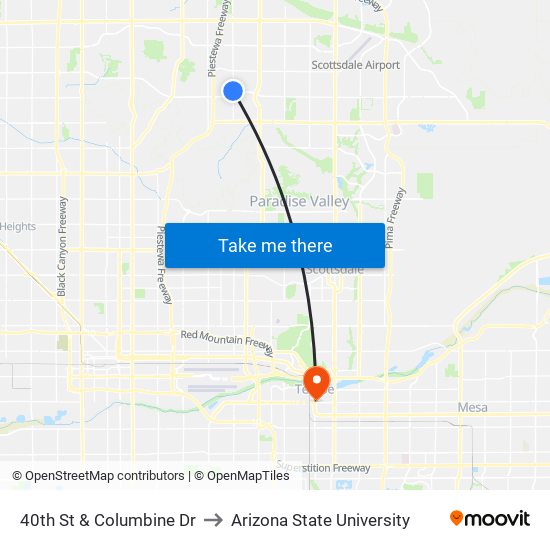 40th St & Columbine Dr to Arizona State University map