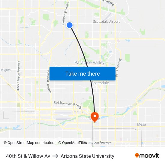 40th St & Willow Av to Arizona State University map