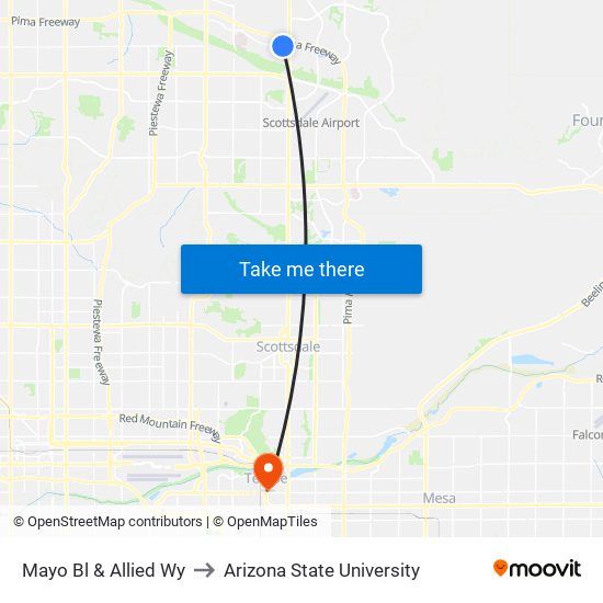 Mayo Bl & Allied Wy to Arizona State University map