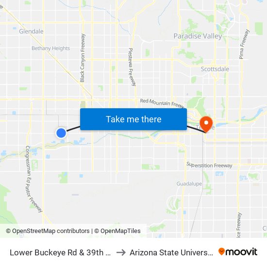 Lower Buckeye Rd & 39th Av to Arizona State University map