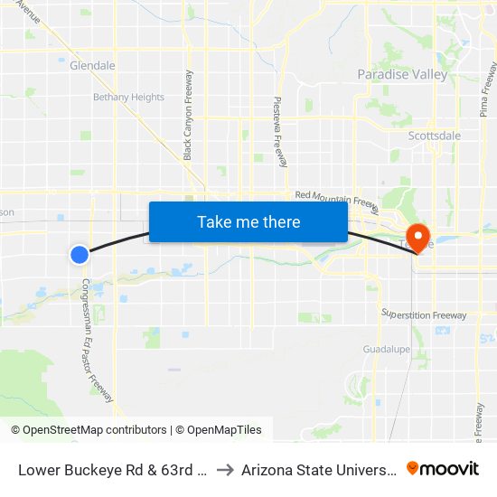 Lower Buckeye Rd & 63rd Av to Arizona State University map