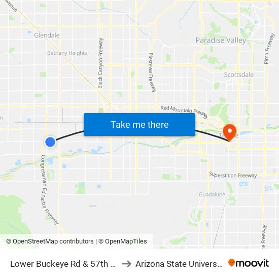 Lower Buckeye Rd & 57th Av to Arizona State University map