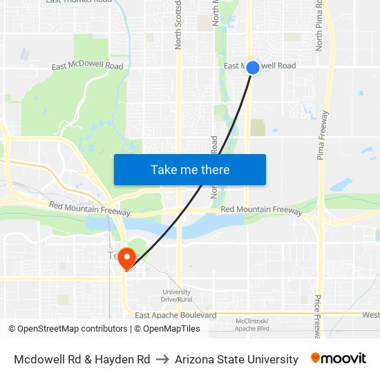 Mcdowell Rd & Hayden Rd to Arizona State University map