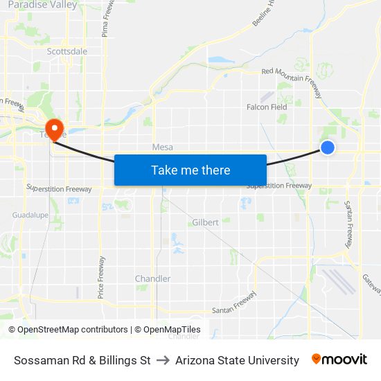 Sossaman Rd & Billings St to Arizona State University map