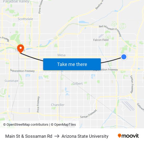 Main St & Sossaman Rd to Arizona State University map