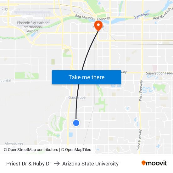 Priest Dr & Ruby Dr to Arizona State University map