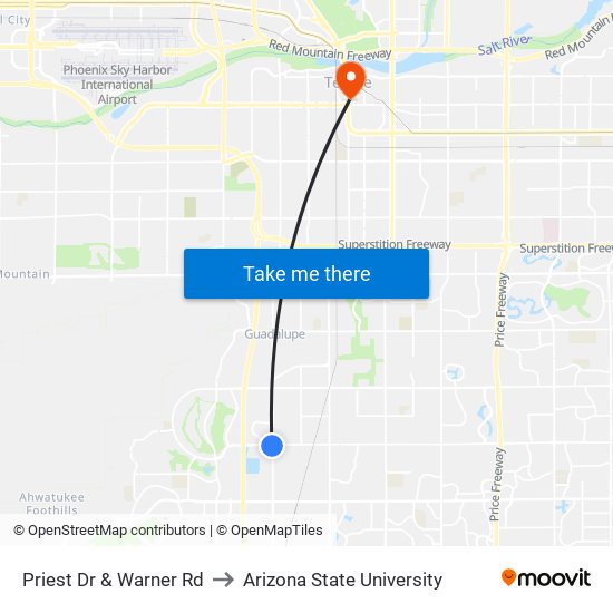 Priest Dr & Warner Rd to Arizona State University map