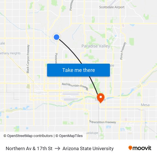 Northern Av & 17th St to Arizona State University map